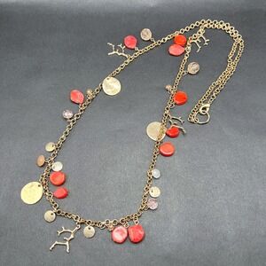 Long Coral Charm Necklace Gold Red Stone Faceted Beads Coastal Beachy Mermaid